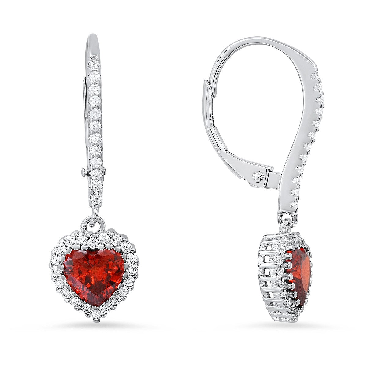 Sterling Silver Heart-cut Birthstone CZ Halo Leverback Earrings - Ruumur