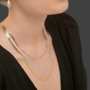 title:Tri-Tone Layered Herringbone Chain Necklace;color:Multi