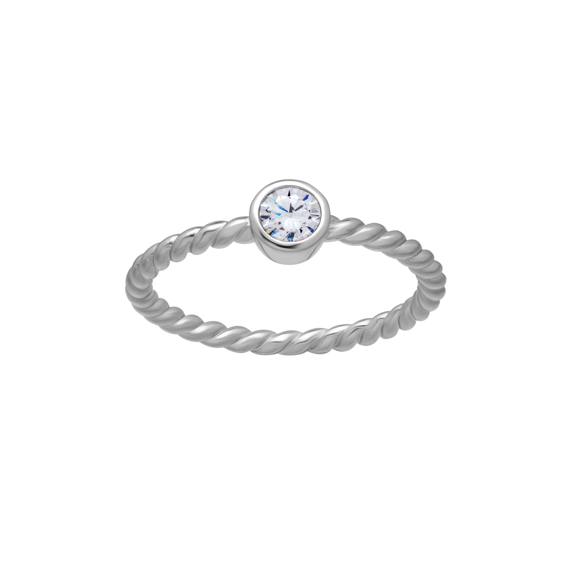 Silvertone Twisted CZ Birthstone Solitaire Ring - Ruumur