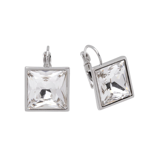 Silvertone Clear Swarovski Crystal Square Leverback Earrings