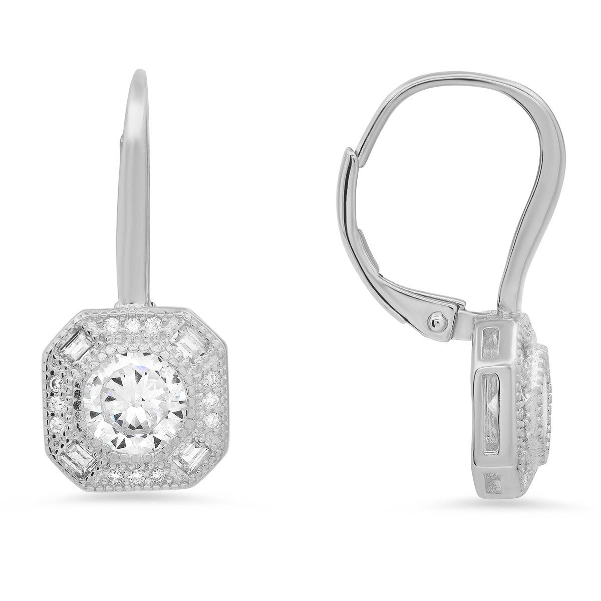 title:Sterling Silver Vintage Halo CZ Leverback Earrings;color:Silver