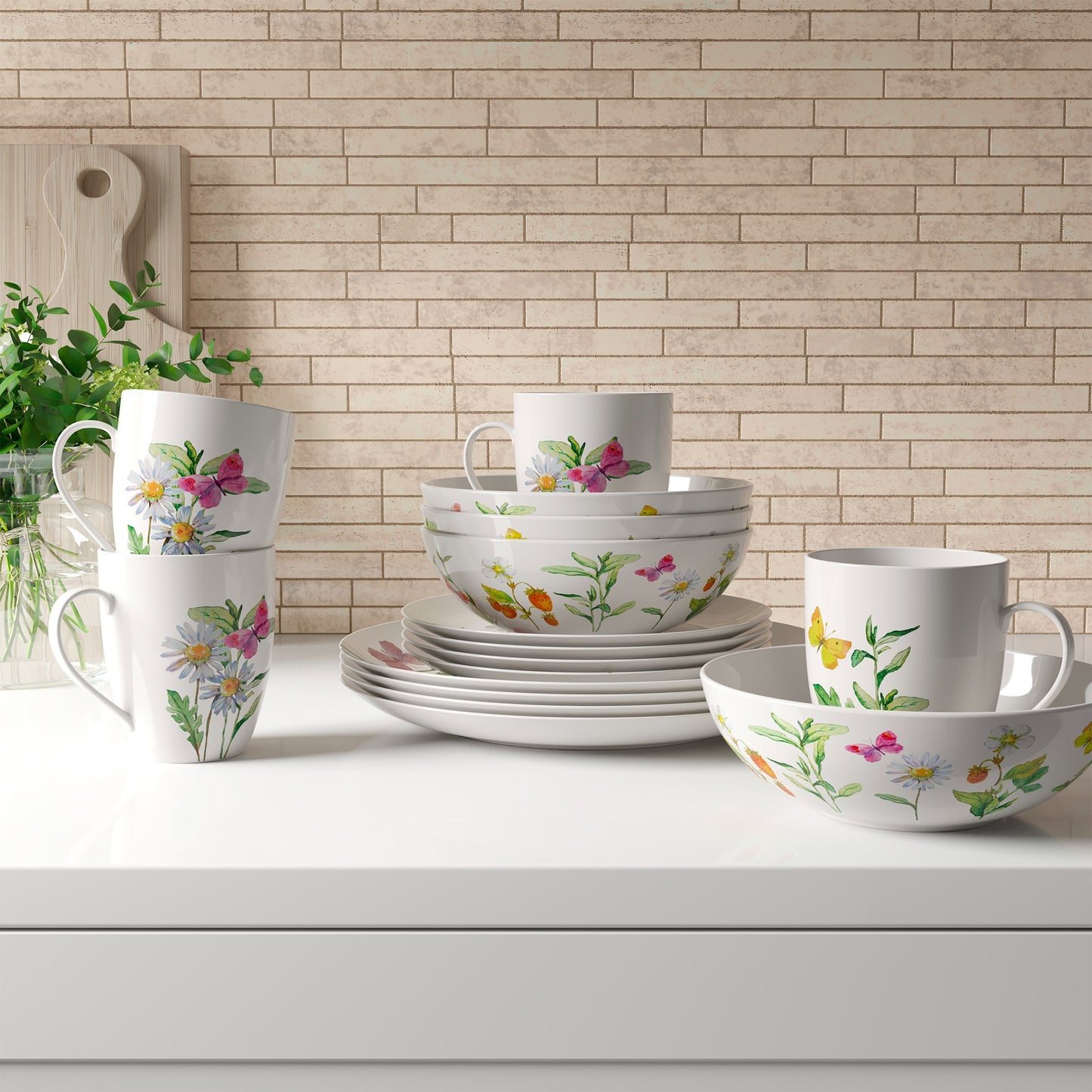 Safdie & Co. Dinnerware Set 16Piece Botanical Butterflies, Service for 4