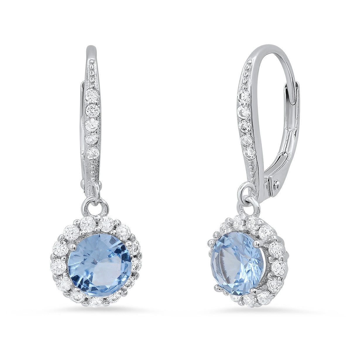 title:Sterling Silver Aquamarine CZ Halo Leverback Earring;color:not applicable