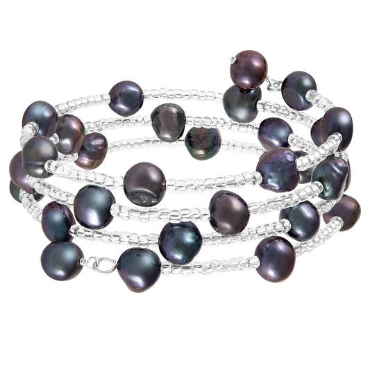 title:Splendid Pearls Fancy Coil Triple Row Pearl Bracelet;color:Black