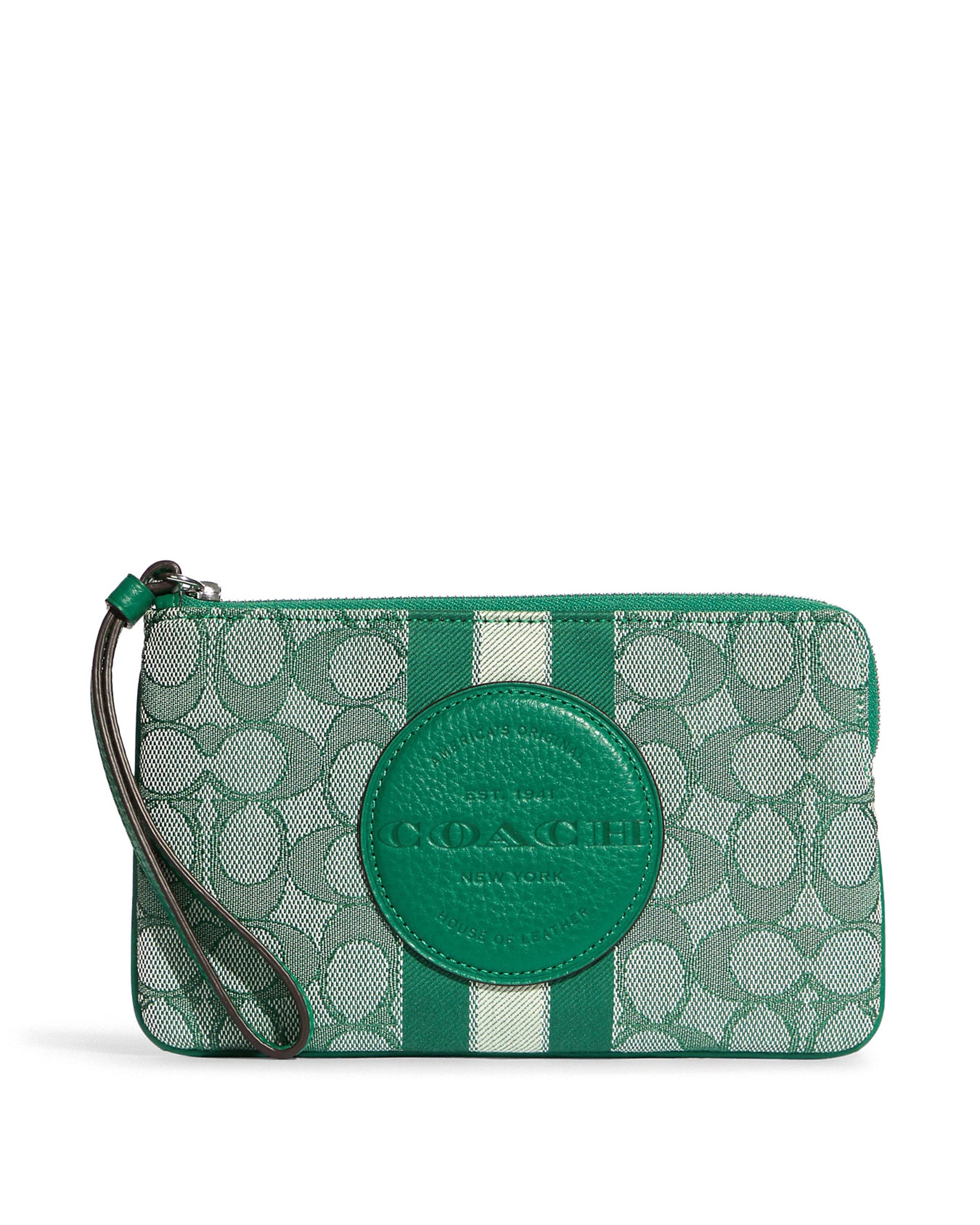 title:Coach Women's Green Dempsey Large Corner Zip Wristlet In Signature Jacquard With Stripe And Coach Patch;color:Green