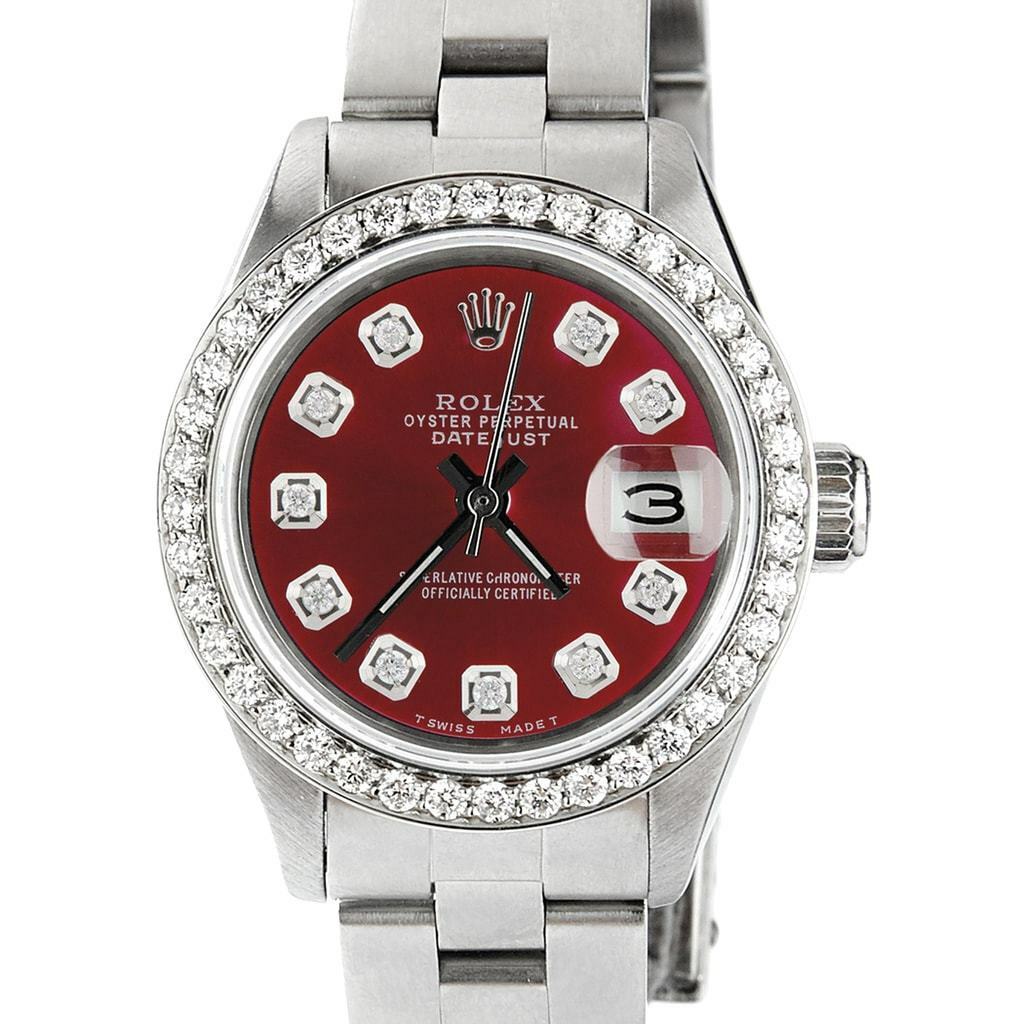 title:Rolex Datejust Ladies 26mm Diamond Bezel/Ruby Red Dial Oyster Steel Watch TFJ-142508040;color:not applicable