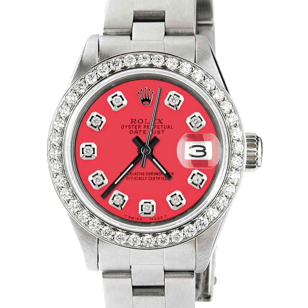 title:Rolex Datejust Ladies 26mm Diamond Bezel/Chic Red Dial Oyster Steel Watch TFJ-142508021;color:not applicable