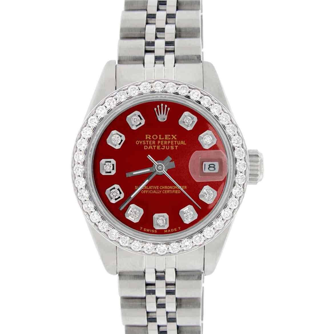 title:Rolex Datejust Ladies 26mm Diamond Bezel/Ruby Red Dial Jubilee Steel Watch TFJ-142508020;color:not applicable