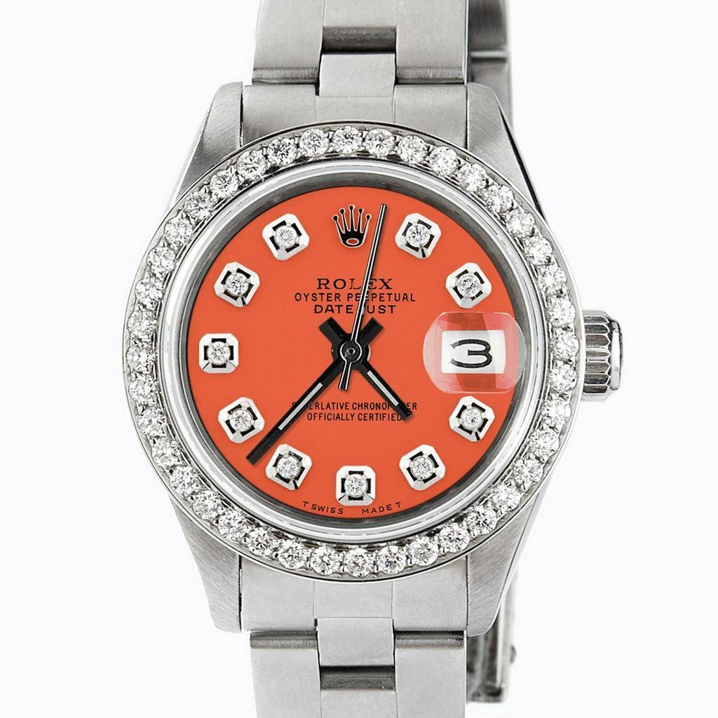 title:Rolex Datejust Ladies 26mm Diamond Bezel/Tiger Orange Dial Oyster Steel Watch TFJ-142508108;color:not applicable