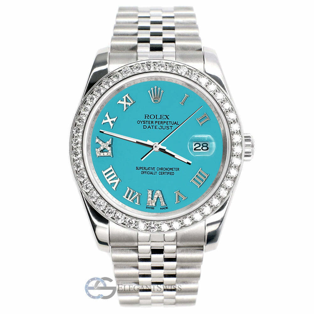 title:Rolex Datejust 116200 36mm Custom Diamond Bezel/Turquoise Roman Dial Steel Watch TFJ-142508722;color:not applicable