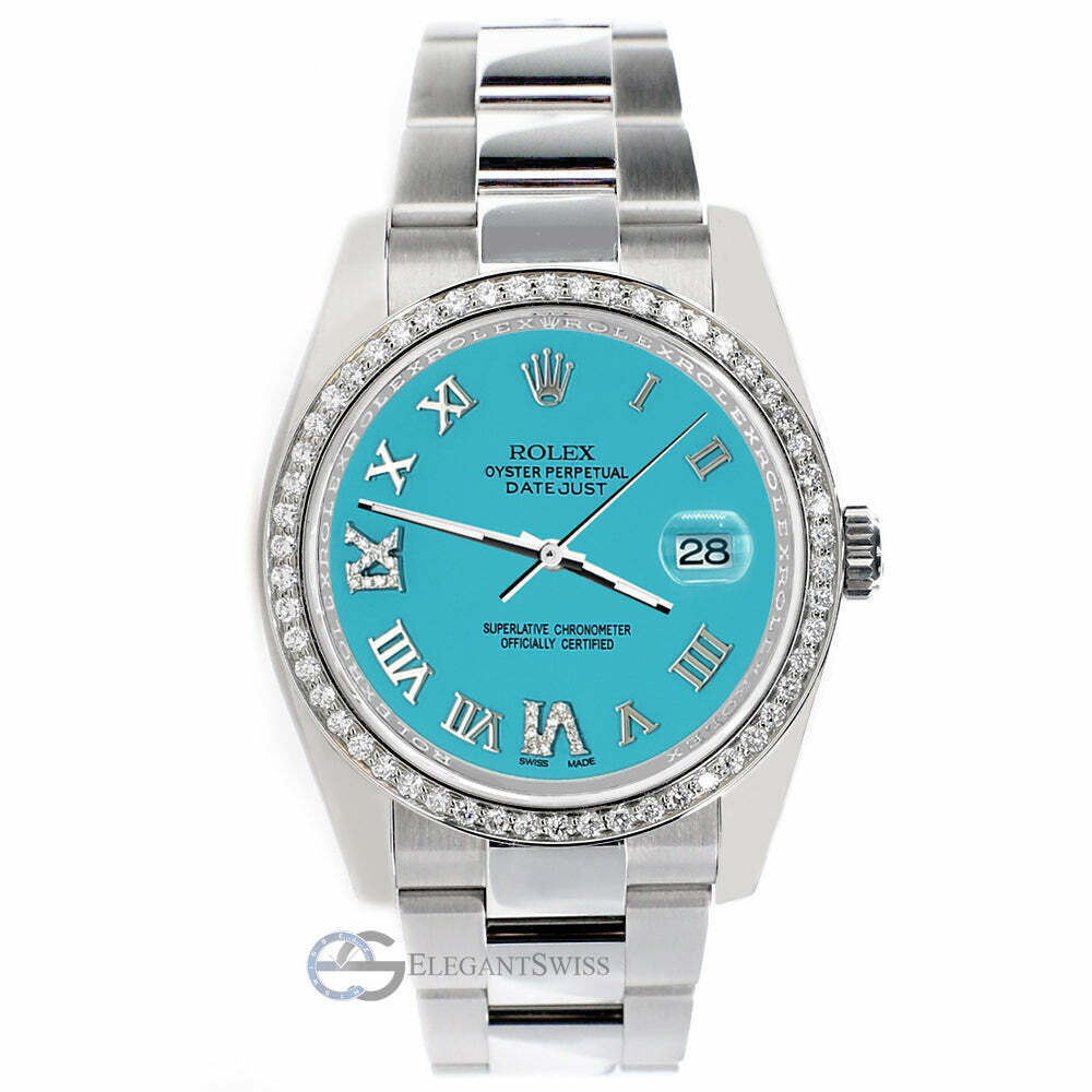 title:Rolex Datejust 36mm Custom Diamond Bezel/Turquoise Roman Dial Oyster TFJ-142508721;color:not applicable