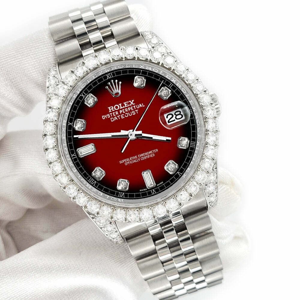 title:Rolex Datejust 116200 36mm 4CT Diamond Bezel/Lugs/Maroon Vignette 6+9 Baguette  TFJ-142508620;color:not applicable