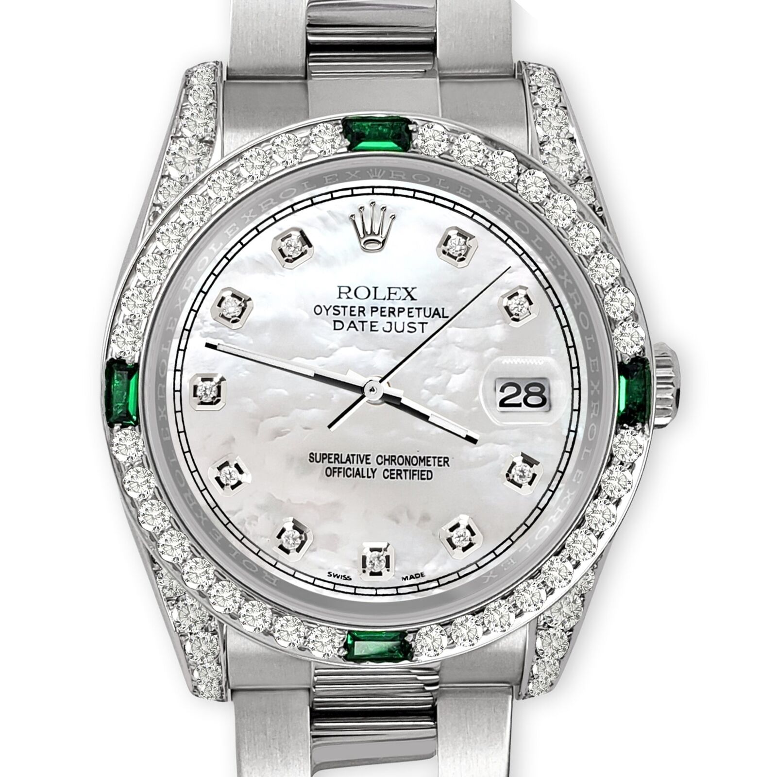 title:Rolex Datejust 36mm Steel Watch Diamonds &amp; Emeralds Bezel/Lugs/White MOP Diamond TFJ-142508498;color:not applicable