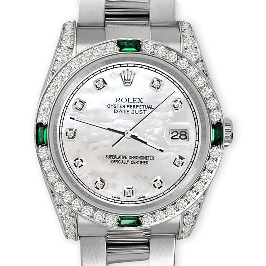 title:Rolex Datejust 36mm Steel Watch Diamonds &amp; Emeralds Bezel/Lugs/White MOP Diamond TFJ-142508498;color:not applicable