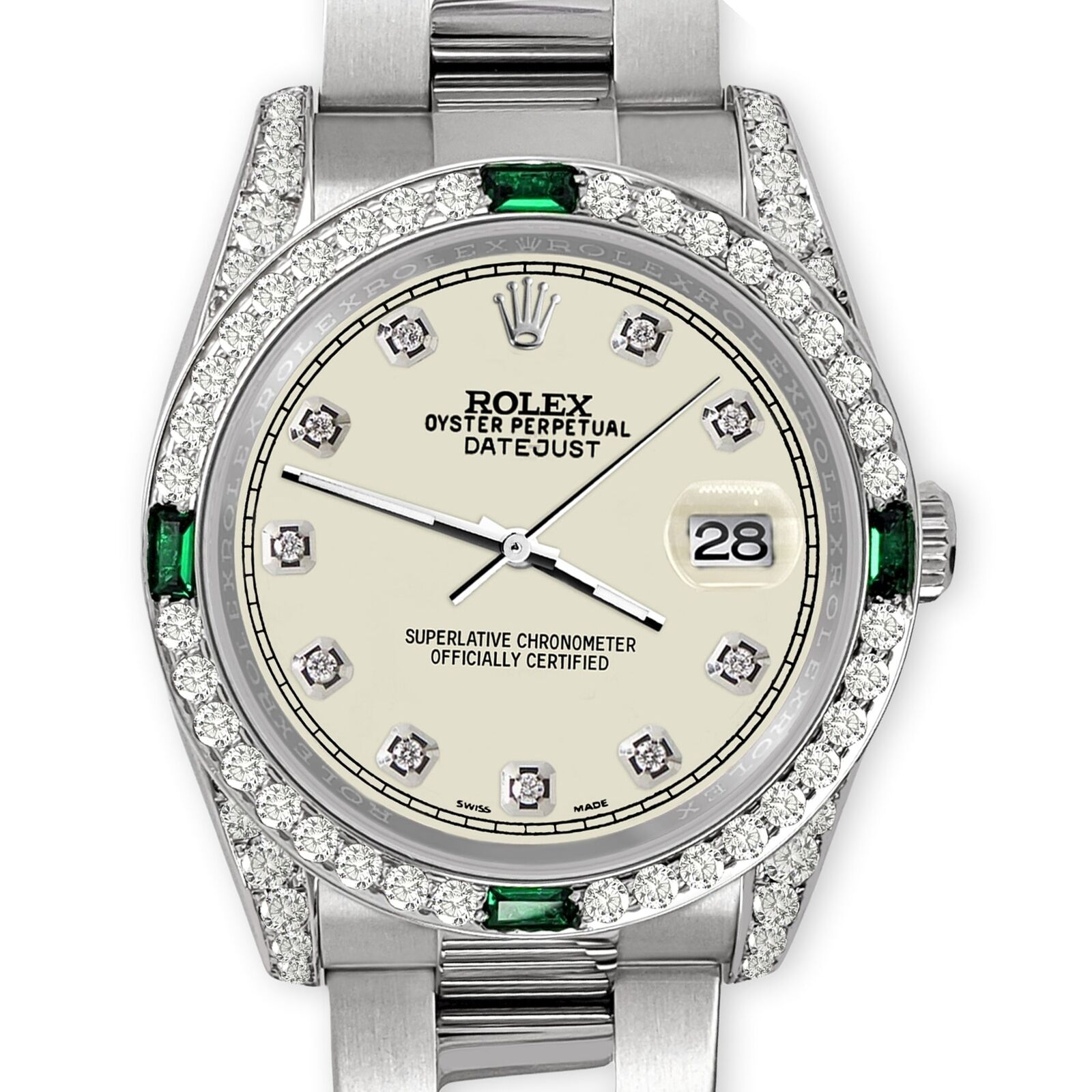 title:Rolex Datejust 36mm Steel Watch Diamonds &amp; Emeralds Bezel/Lugs/Satin Linen TFJ-142508496;color:not applicable