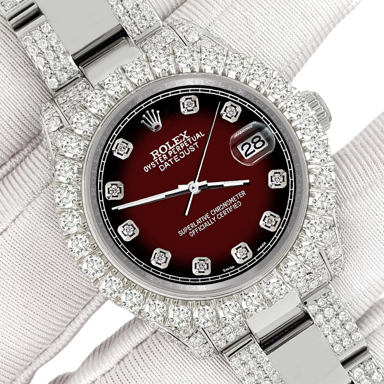 title:Rolex Datejust 31mm Pave 7.2ct Iced Diamond Maroon Vignette Track Watch TFJ-142508454;color:not applicable