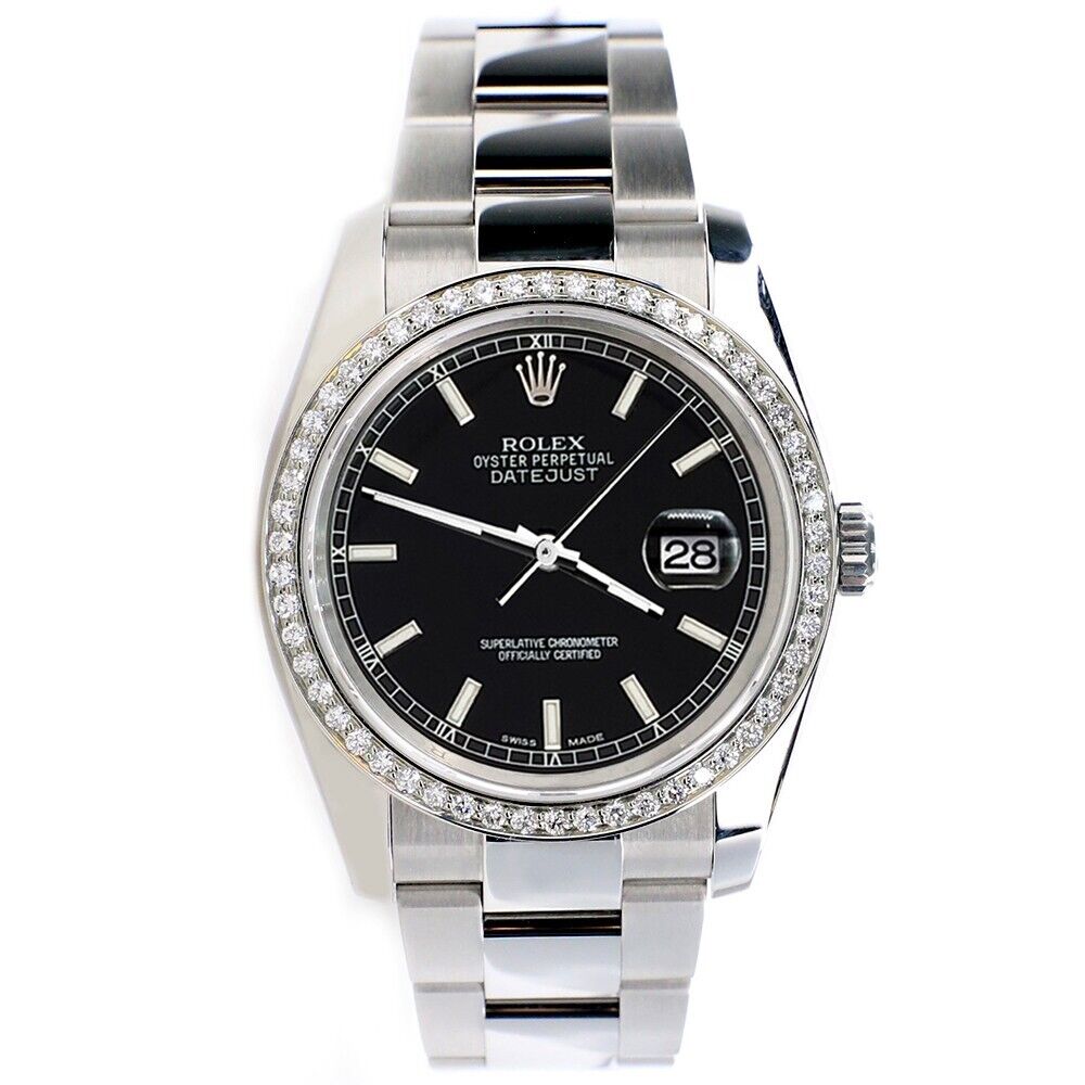 title:Rolex Datejust 36MM Black Stick Dial Watch with Custom Diamond Bezel   TFJ-142507988;color:not applicable