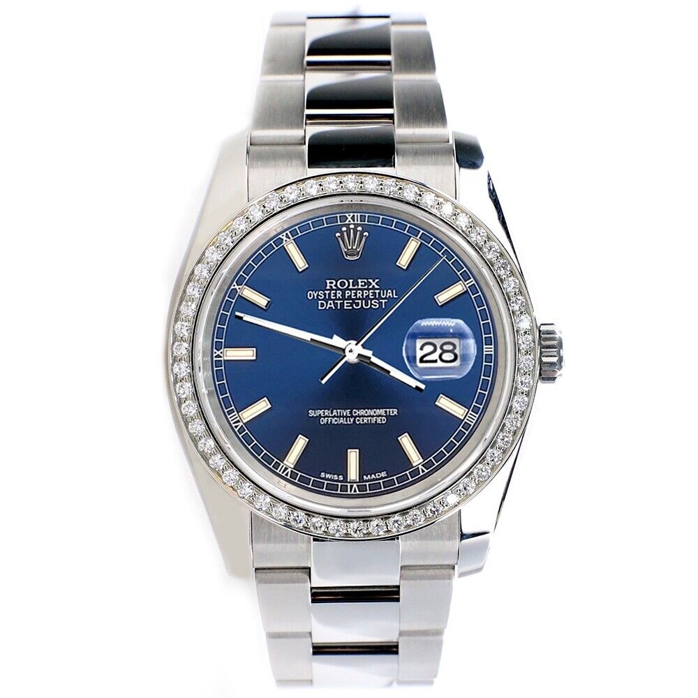 title:Rolex Datejust 36MM Blue Stick Dial Steel Watch with Custom Diamond Bezel  TFJ-142507985;color:not applicable