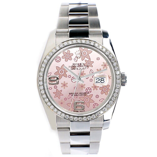 title:Rolex Datejust 36MM Pink Floral Dial Watch with Custom Diamond Bezel   TFJ-142507983;color:not applicable