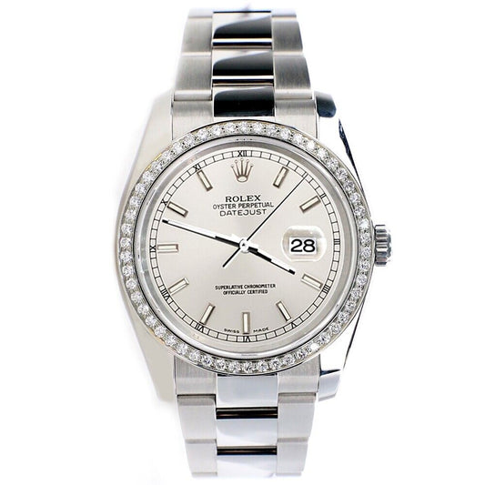 title:Rolex Datejust 36MM Silver Stick Dial Watch with Custom Diamond Bezel TFJ-142507982;color:not applicable