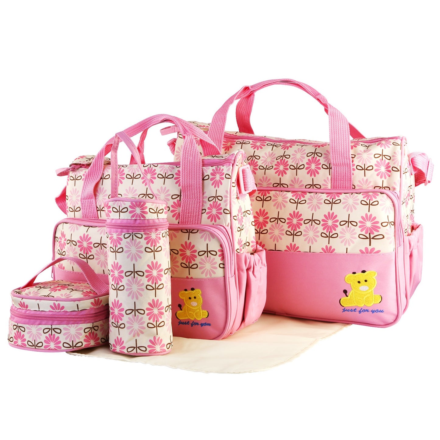 title:5PCS Baby Nappy Diaper Bags Set Mummy Diaper Shoulder Bags w/ Nappy Changing Pad Insulated Pockets Travel Tote Bags For Mom Dad;color:Pink