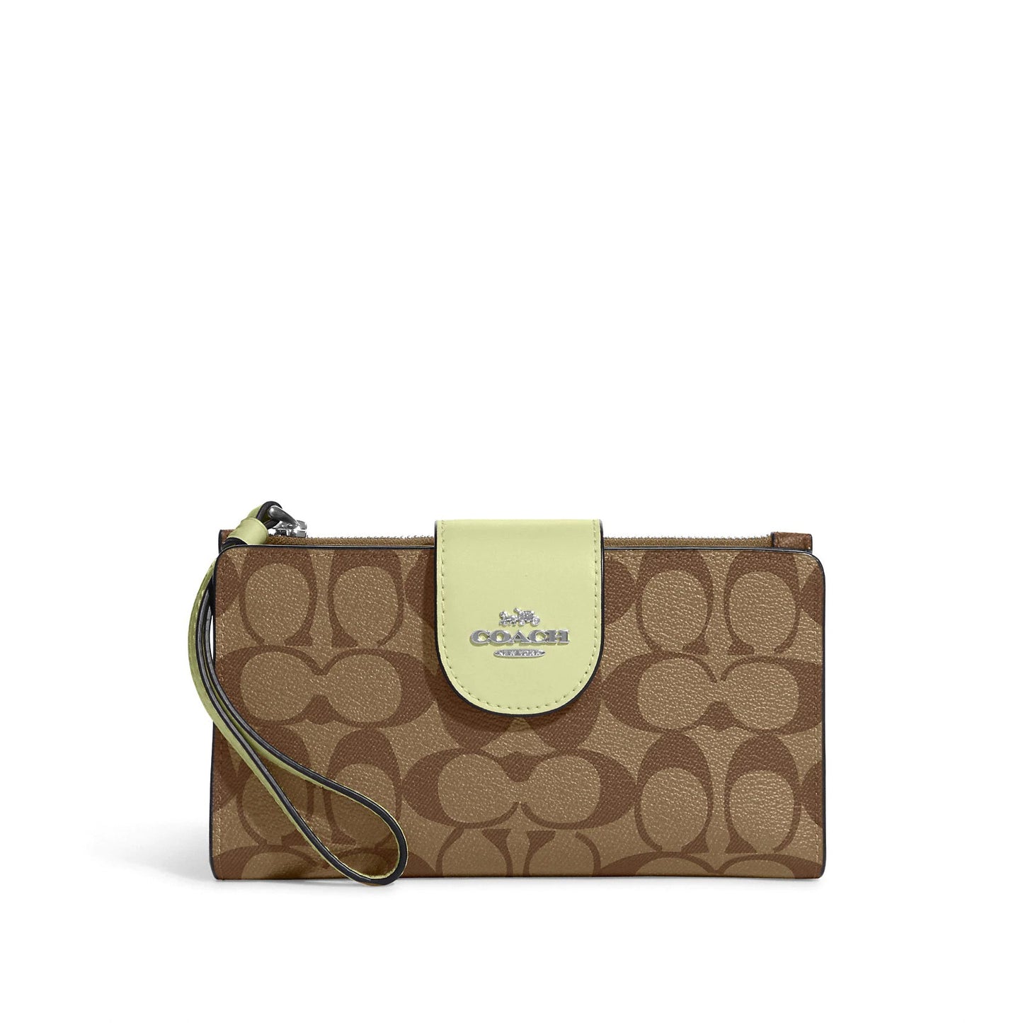 title:Coach Women's Tech Wallet In Colorblock Signature Canvas;color:Khaki / Pale Lime