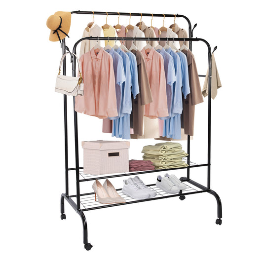 title:Garment Hanging Rack Clothing Hanging Rail Pillow Shoe Display Organizer Clothes Organizer Stand with 2 Rails 2 Shelves 4 Rolling Wheels 4 Hooks;color:Black