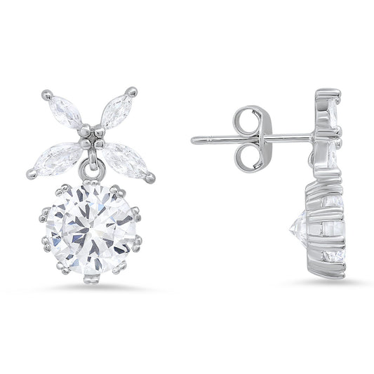 Sterling Silver Dangling Floral CZ Stud Earrings - Ruumur