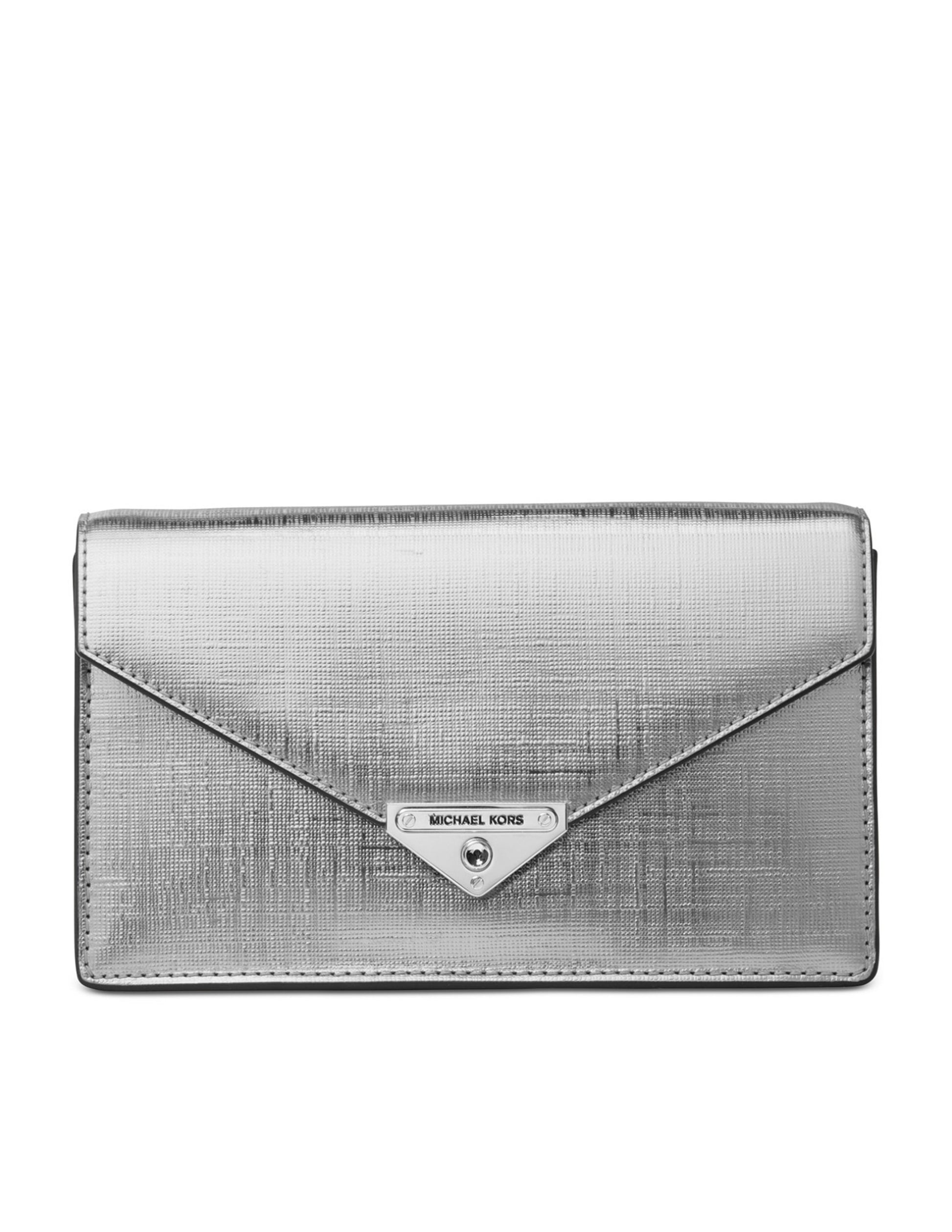 title:Michael Kors Women's Silver Grace Envelope Leather Clutch;color:Silver