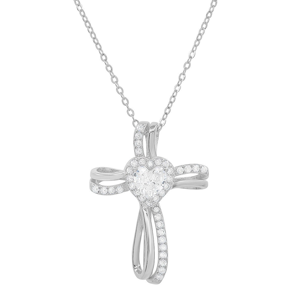 Sterling Silver Heart CZ Cross Pendant - Ruumur