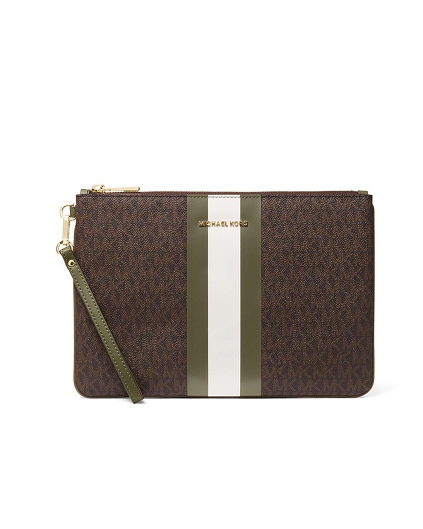 title:Michael Kors Women's Brown & Olive Jet Set Large Zip Pouch;color:Brown / Olive