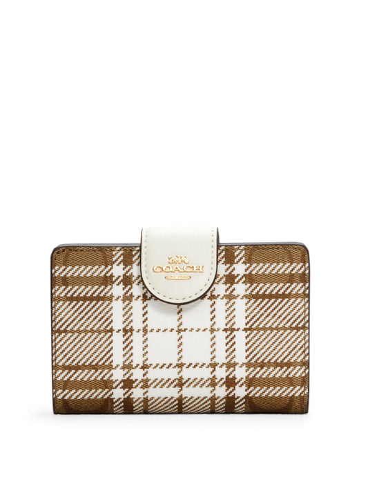 title:Coach Women's Medium Corner Zip Wallet In Signature Canvas With Hunting Fishing Plaid Print;color:Khaki Chalk Multi