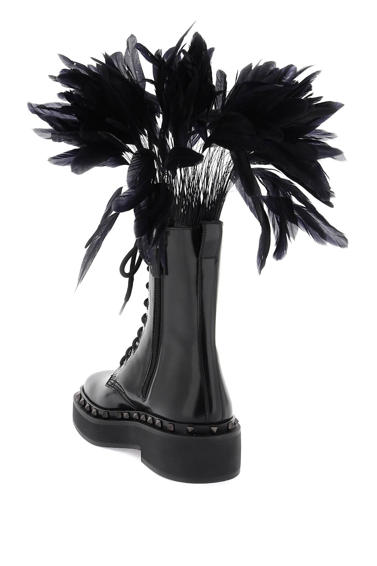 Valentino Garavani Leather M-Way Rockstud Combat Boots With Feathers