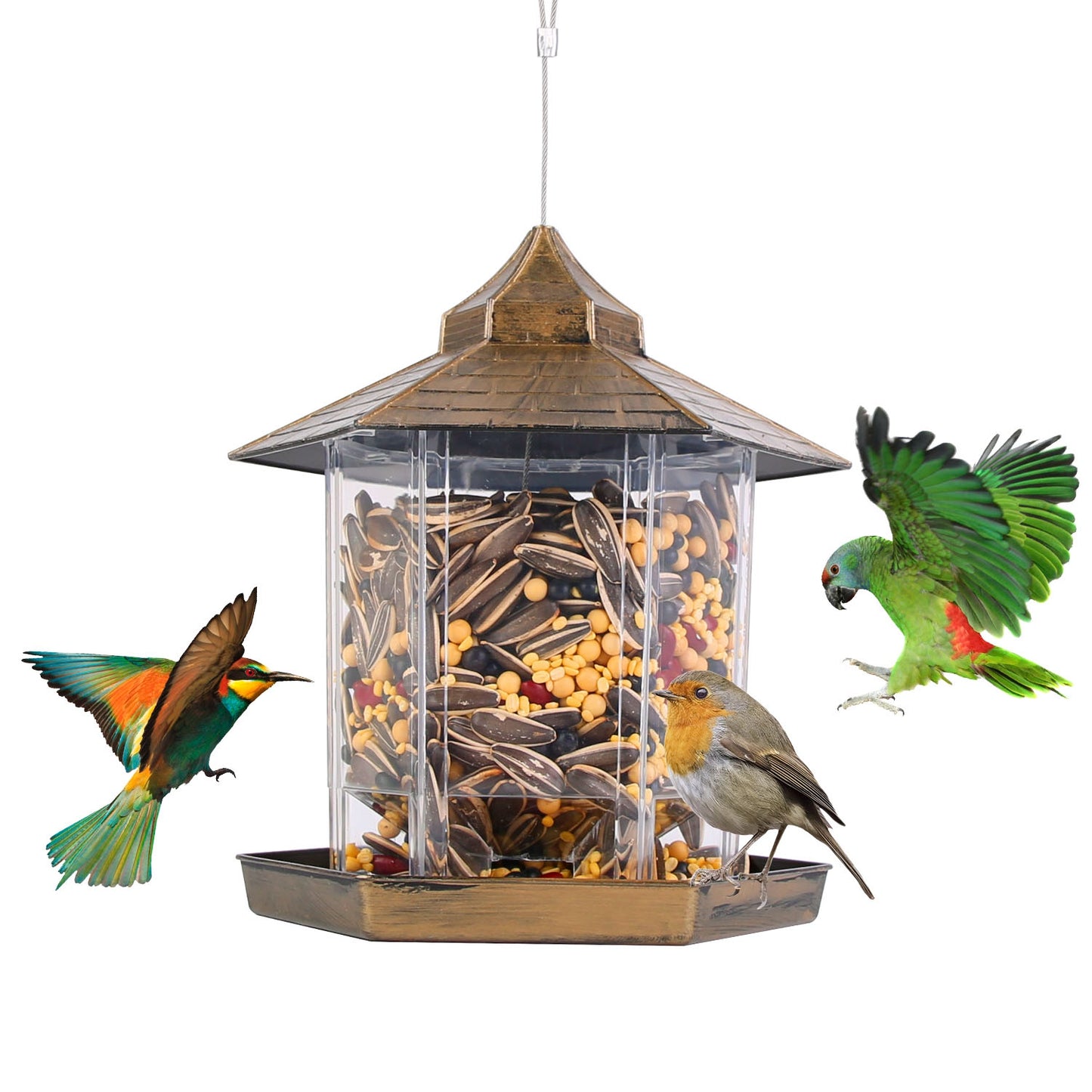 title:Fresh Fab Finds Hanging Gazebo Wild Bird Feeder Outdoor Bird Seed Station with Large Capacity 6 Feeder Ports for Garden Patio Park Weatherproof Easy To Refill;color:Brown