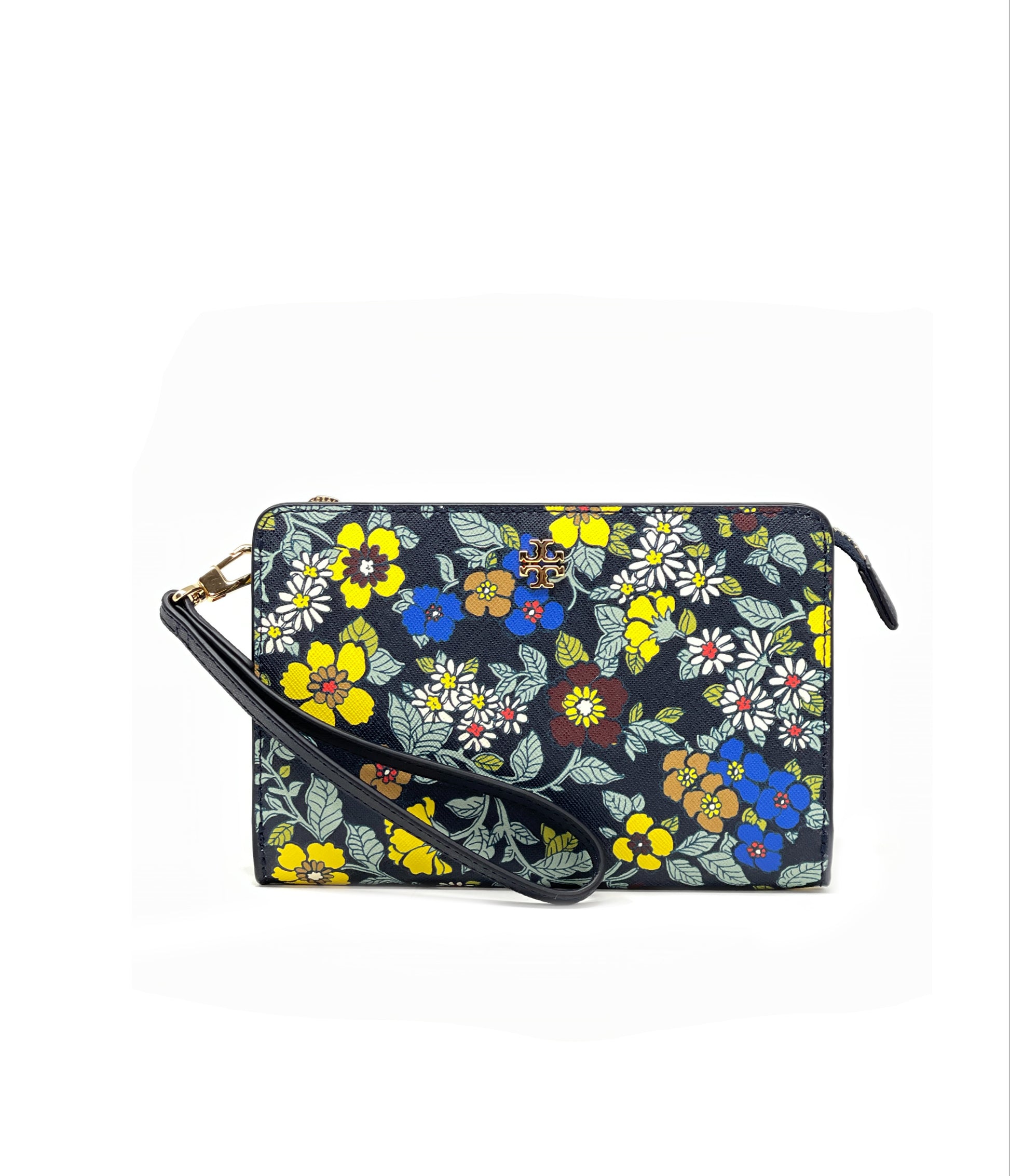 title:Tory Burch Blue / Green / Yellow Wallpaper Floral Emerson Printed Wristlet Pouch;color:Blue / Green / Yellow Wallpaper Floral