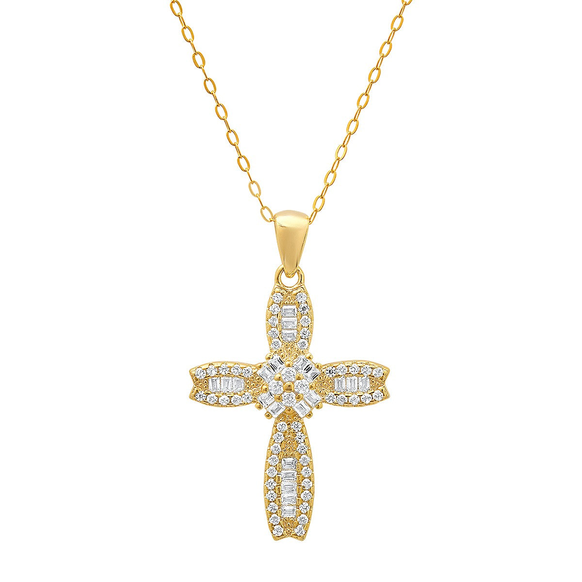 title:Sterling Silver Petite Luxurious Baguette-cut CZ Cross Pendant;color:Gold