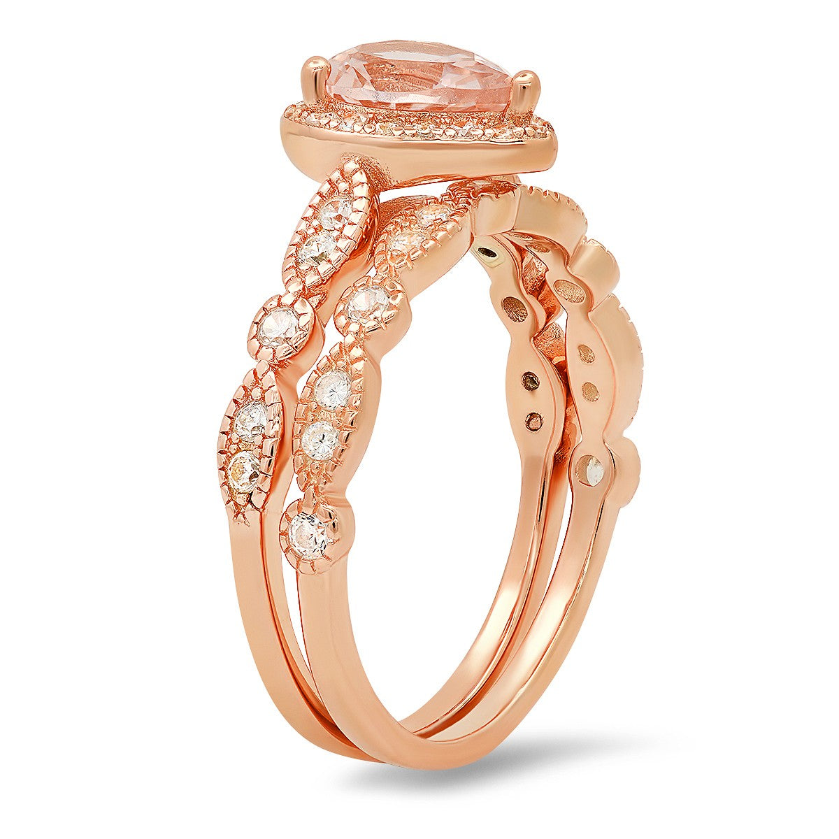 Rose Gold Over Silver 2pc Morganite CZ Stackable Ring Set