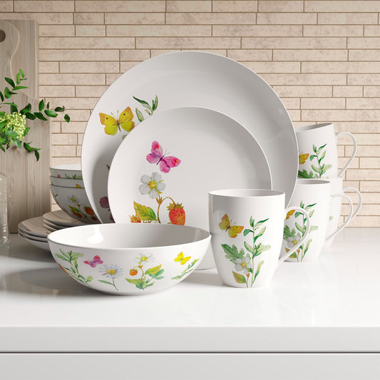 Safdie & Co. Dinnerware Set 16Piece Botanical Butterflies, Service for 4