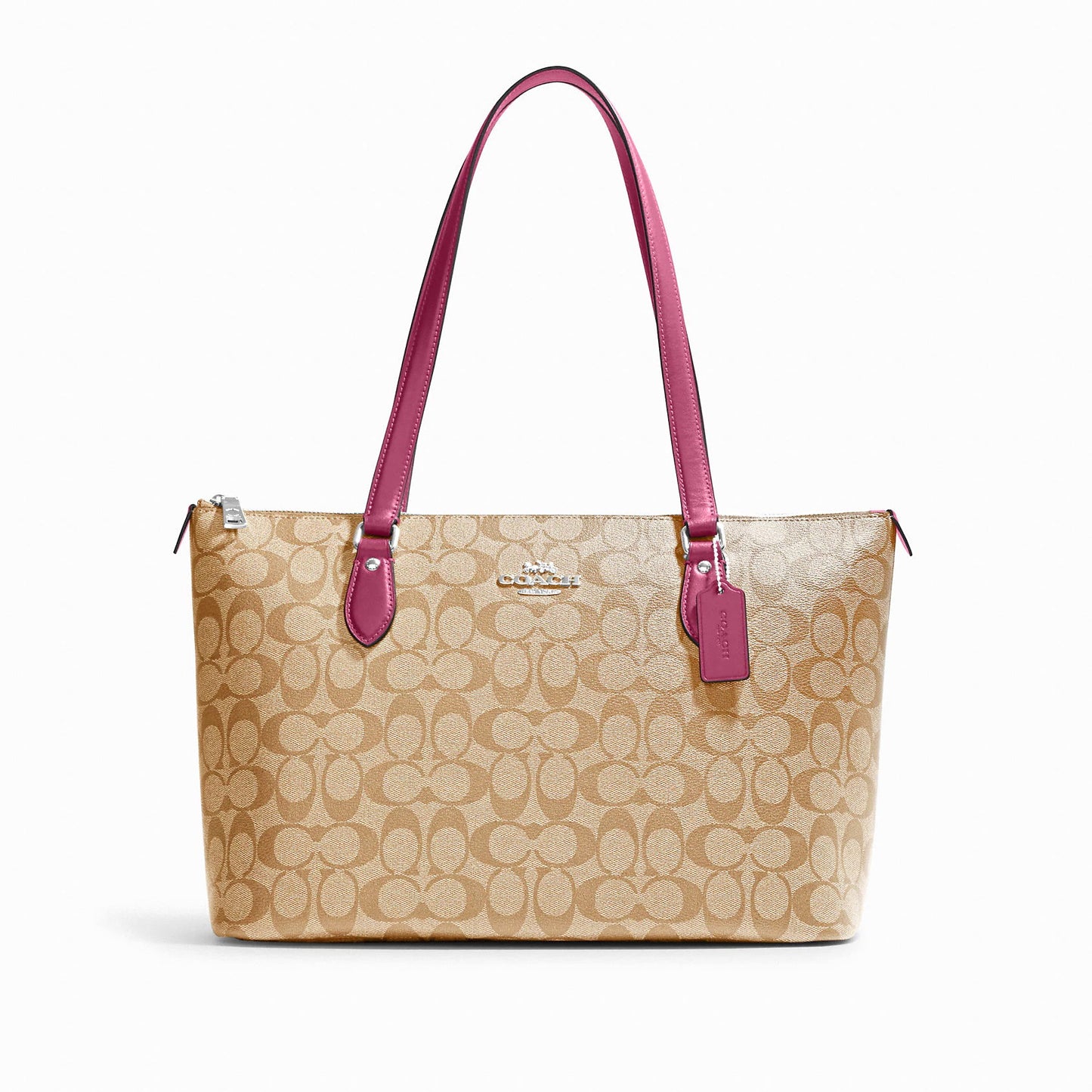 title:Coach Women's Gallery Tote In Signature Canvas;color:Light Khaki / Light Raspberry