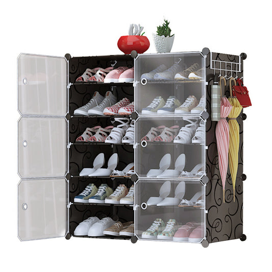 title:6-Tier 2-Row Shoe Rack Organizer Stackable Free Standing Shoe Storage Shelf Plastic Shoe Cabinet Tower with Transparent Doors for Heels Boots Slippers;color:Black