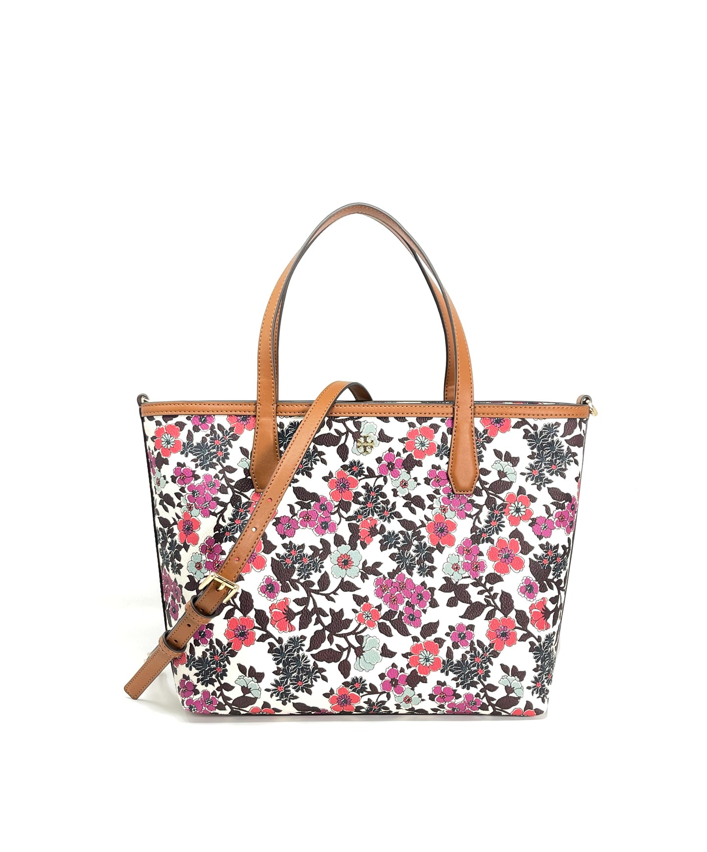 title:Tory Burch Cream Red Blue Wallpaper Floral Kerrington Small Tote;color:Cream Red Blue Wallpaper Floral