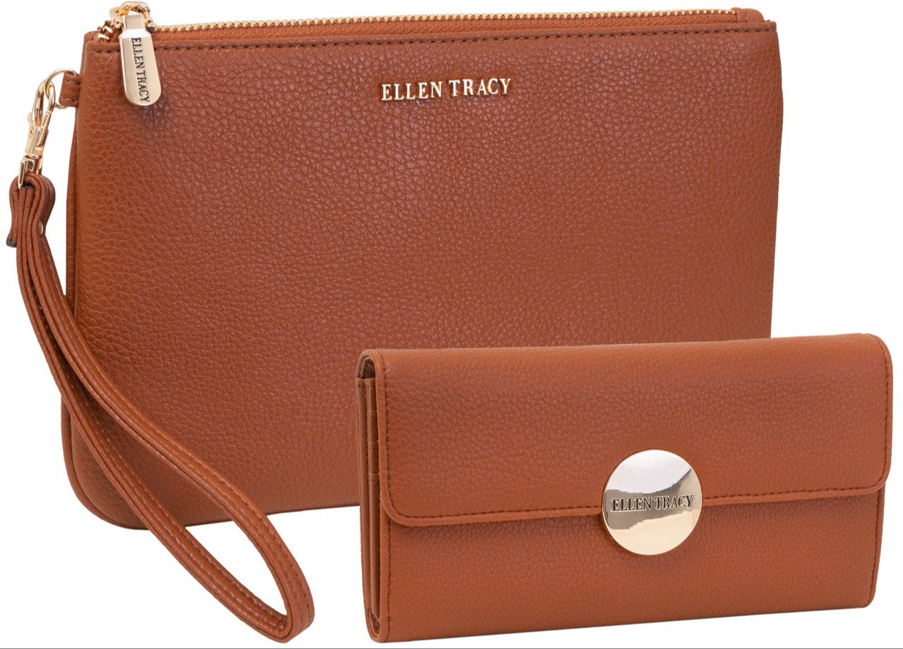 title:Ellen Tracy Wristlet And Continental Clutch Wallet Set;color:COGNAC-006