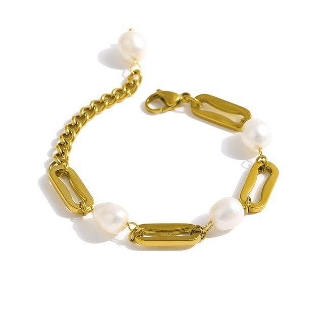 title:18K Gold Plated Paperclip Chain Link Bracelet with Freshwater Pearls;color:Gold