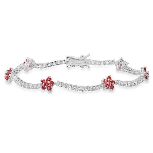 title:Sterling Silver 7.25" CZ Pink Sapphire Floral Station Tennis Bracelet;color:Silver