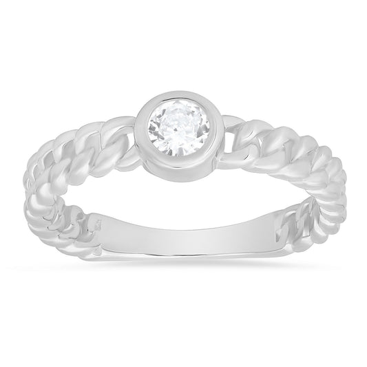 Sterling Silver Bezel-set CZ Curb Chain Ring - Ruumur