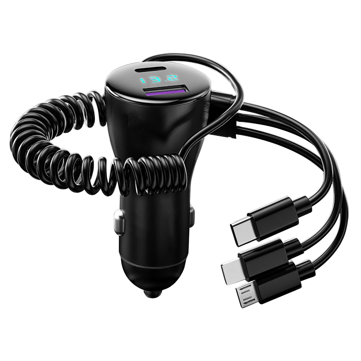 title:125W 5 In 1 Fast Charge Car Charger QC PD USB Type C LT 5 Port Car Cigarette Lighter with 4FT Coiled Cable Voltage Monitor Fit For IOS Phone IPad Sams;color:Black