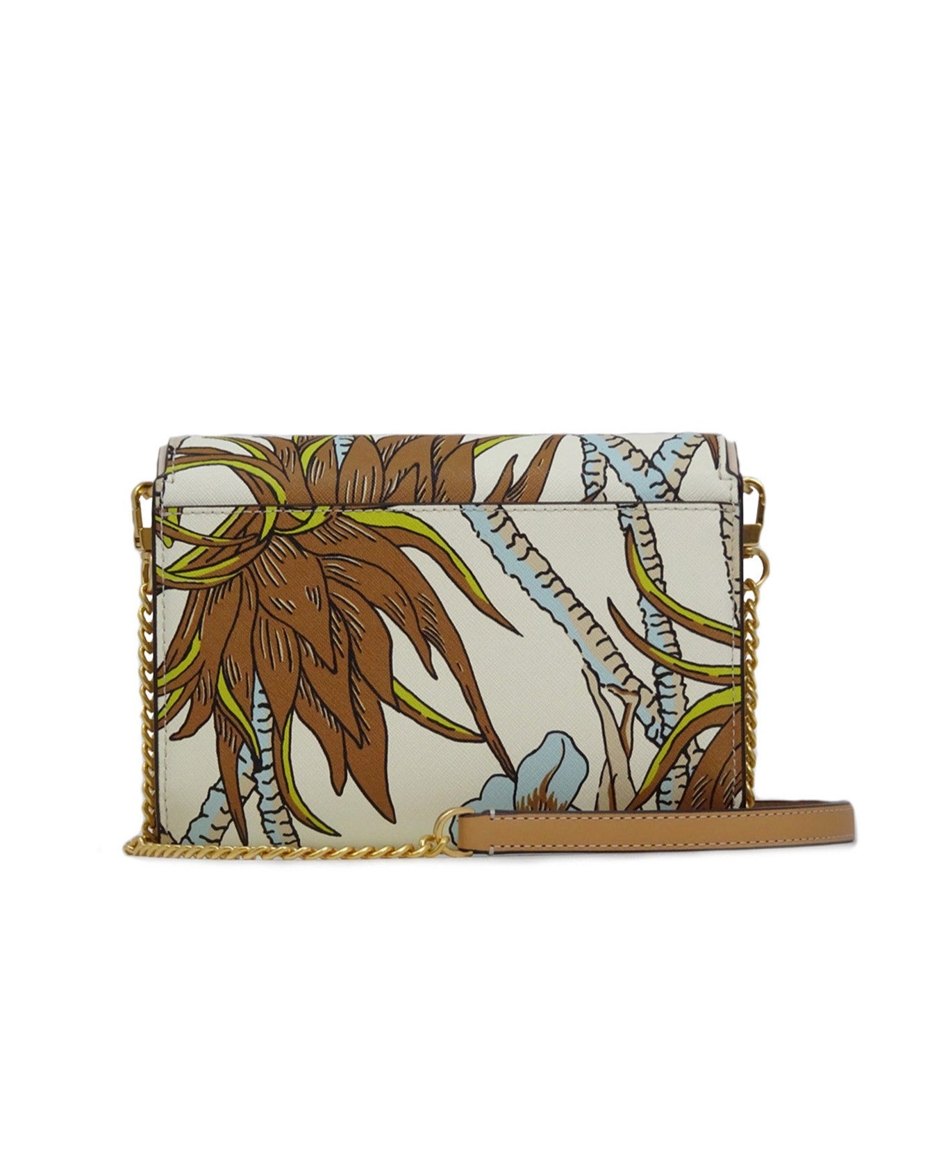 Tory Burch Cream Brown Climbing Palms Emerson Printed Chain Wallet