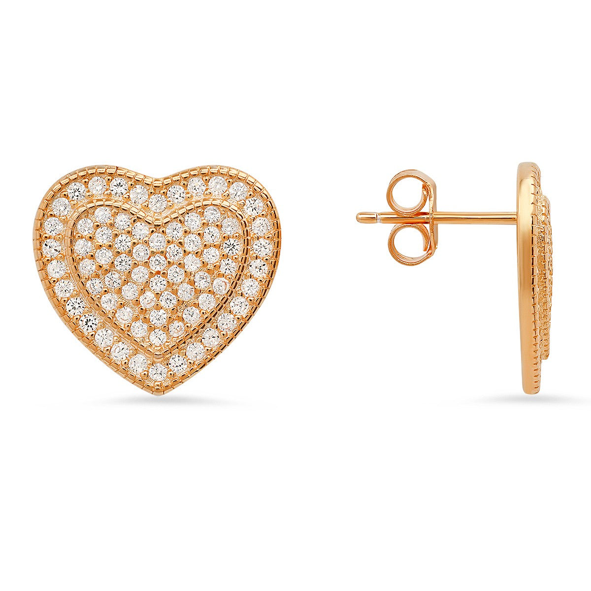 Sterling Silver Pave CZ Heart Stud Earrings - Ruumur