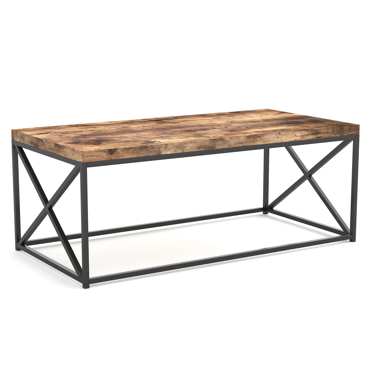 Safdie & Co. Coffee Table 44" Brown Reclaimed Wood Look Black Metal, Central Table for Living Room