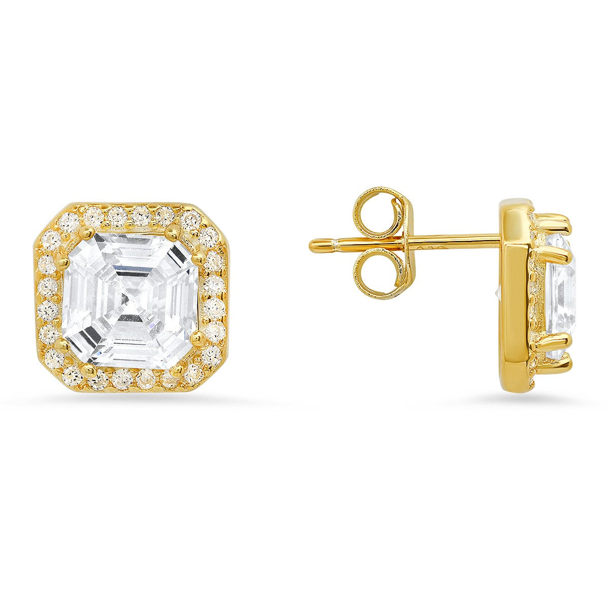 title:Sterling Silver Asscher-cut Halo Stud Earrings;color:Gold